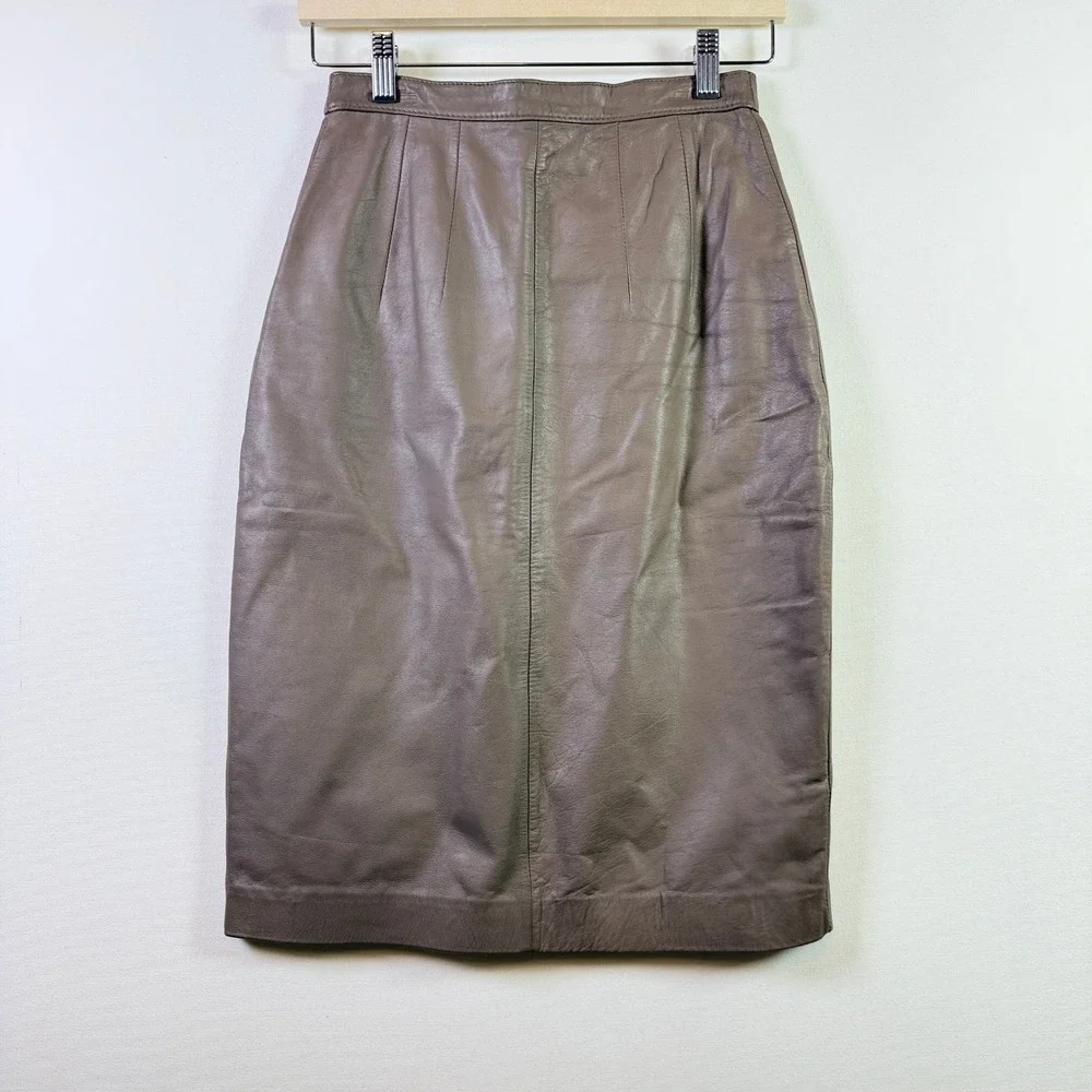 PETITE SOPHISTICATE Taupe Genuine Nappa Leather Pencil Skirt‎ 4